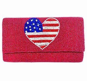 Pochette de soirée artisanale perlée motif cœur drapeau américain pour femme – Sac à main de fête et de mariée - Product Image 3