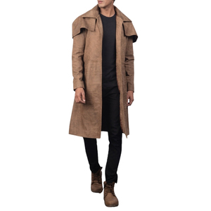 Manteau long en cuir véritable marron pour homme, à revers ouverts et col à revers, style trench-coat - Product Image 3
