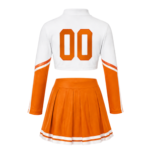 Ensemble uniforme de cheerleading sublimé orange et blanc à manches longues avec jupe plissée pour l'entraînement et la performance des équipes sportives - Product Image 3
