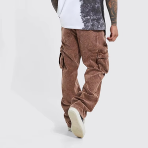 Pantalon cargo en velours côtelé délavé pour homme, marron, coupe décontractée, jambe large, style vintage streetwear, multi-poches, décontracté - Product Image 2