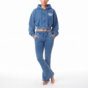 Conjunto de sudadera con capucha y pantalón jogger de forro polar azul para mujer, con bolsillo lateral, hombros caídos, manga larga y cordón ajustable. - Product Image 1