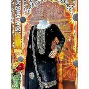 FANCY VELVET EMBROIDERY <b>LACE</b> WORK <b>TOP</b> PALAZZO WITH DUPATTA <b>BLACK</b> - Product Image 4