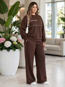 Ensemble de survêtement pour femme ONETEN APPARELS, col rond, marron, manches longues, coupe ample, décontracté, automne, 2 pièces - Product Image 5