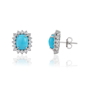 Boucles d'oreilles clous en turquoise et diamant taille octogonale 9x7mm, dernière conception, or blanc 14K, pour commande en gros, fournisseur de bijoux - Product Image 3