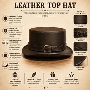 Chapeau haut de forme en cuir personnalisé de haute qualité pour hommes, coiffe structurée classique avec finition de surface premium, design sur mesure et vente en gros - Product Image 5