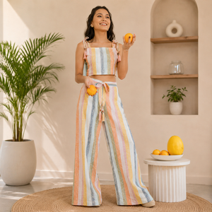 Ensemble deux pièces haut court sans manches à col halter et volants en coton uni de qualité supérieure pour femme, avec pantalon large à franges, style bohème printemps-été - Product Image 1