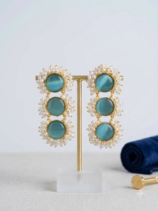 Gold Plated Blue Monalisa Stone Earrings Pearl <b>Cluster</b> Triple Drop Statement Earrings for Women Wholesale Indian Jewelry - Product Image 3
