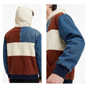 Sudadera con Capucha Unisex NEXTEX, Diseño de Bloques de Color, Mezclilla Azul Rústico, Crema y Corduroy, Sudadera de Felpa Suave de Algodón - Product Image 6