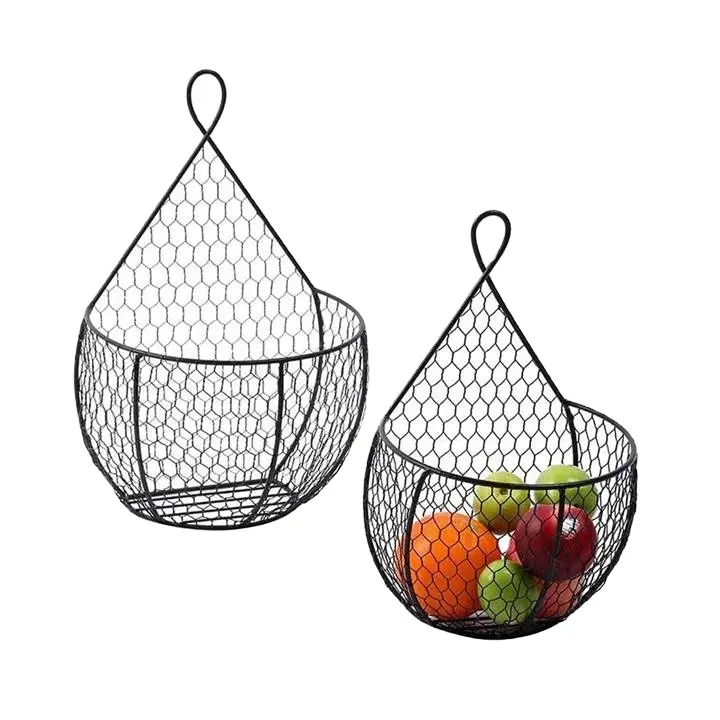Wall Mounted Black Metal Fruit Vegetable Baskets Large Small Hanging Produce Bins for Flowers Fruits and Veggies Decorations