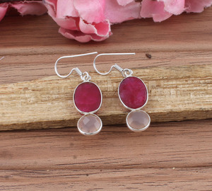 Boucles d'oreilles pendantes en pierre précieuse de quartz rose naturel de luxe, rubis, argent sterling 925, bijoux en gros, mode, femmes, mariage, anniversaire - Product Image 2