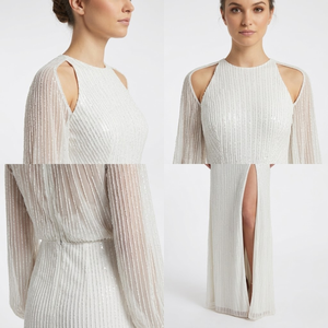 Vestido Largo de Lentejuelas Blancas de Lujo |   Camiseta de manga larga para mujer con hombros descubiertos y transparencias |   Vestido de noche con abertura alta |   Ropa Formal Elegante - Product Image 3