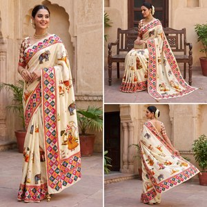 Elegante Saree de Chinnon con Estampado Tradicional, Saree de Chinnon con Estampado Hecho a Mano, Saree para Festivales, Saree para Bodas - Product Image 5