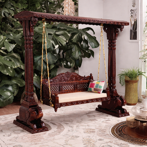 Balançoire intérieure en teck massif, design éléphant, sculptée à la main, Onjhal, personnalisée, marron, fabrication indienne, prix usine, USA. - Product Image 1