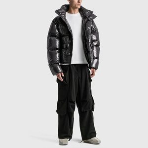 <b>Men's</b> Black Hooded Puffer <b>Jacket</b> With <b>Down</b> <b>Filling</b> Windproof Casual Winter Regular Fit Zipper Closure Solid Color Loose Style - Product Image 1
