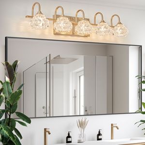 Lampada da Bagno Moderna in Cristallo da 29 Pollici, Elegante Illuminazione a Parete con 5 Applique Dorate e Paralumi in Vetro Trasparente - Product Image 1