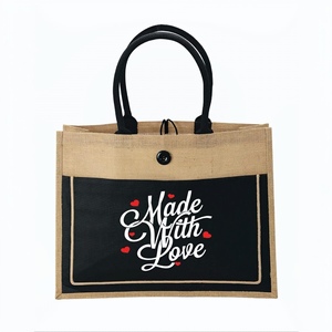 Custom Logo <b>Jute</b> Tote <b>Bag</b> With Fabric Panel Snap Button Wholesale Two Tone Burlap <b>Shopping</b> <b>Bag</b> OEM Manufacturer - Product Image 2