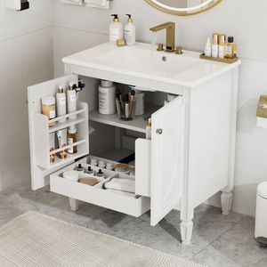 Mobile da Bagno Bianco Stile Vintage da 30 Pollici con Lavabo, Due Ante con Chiusura Ammortizzata e Ripiano - Product Image 6
