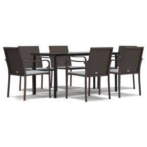 Ensemble de salle à manger de jardin marron avec coussins blancs crème, comprenant une table et des chaises noires - Product Image 2
