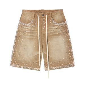 Shorts en jean pour homme, taille mi-haute, respirants, style streetwear, délavage vintage personnalisé, avec strass, pour l'été, par un fabricant de denim - Product Image 1