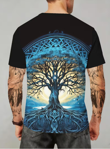T-shirt noir à manches courtes pour homme avec motif Arbre de Vie bleu, col rond, coupe classique, imprimé, style décontracté, tendance - Product Image 4