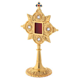 Excelente Monstranza Católica de Latón Sólido para Decoración Moderna del Hogar, Relicario Pequeño con Base Ornamentada y Cuentas Incrustadas - Product Image 2