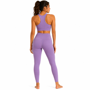 Conjunto de Yoga de 2 Piezas para Mujer, Color Morado, Leggings sin Costuras de Cintura Alta, Top Corto con Espalda Cruzada, Ropa Deportiva de Color Sólido - Product Image 3