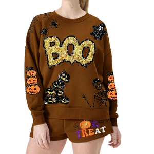 Ensemble 2 pièces décontracté ample au-dessus du genou, pull personnalisé à col rond avec sequins Boo et citrouille pour Halloween, vente en gros - Product Image 2