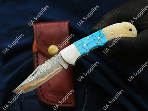 Couteau pliant professionnel fait main en acier Damas cuivré, pointe clip, pour chasse, camping, EDC, avec étui et aiguiseur, support OEM/ODM - Product Image 4