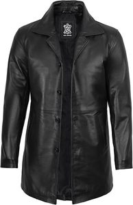 Manteau long en cuir véritable noir pour homme, col rabattu, simple boutonnage, vêtement d'hiver formel - Product Image 5