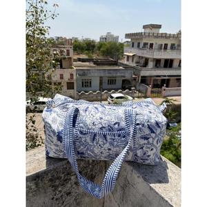 Large Floral Duffel <b>Bag</b> Women Travel <b>Bag</b> Cotton Quilted Weekender <b>Overnight</b> Gym <b>Bag</b> Lightweight Carry On Handmade Blue Print - Product Image 1