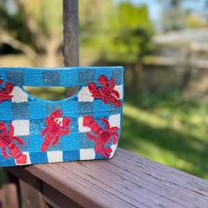 Blue Embroidered Canvas Handbag With <b>Red</b> Lobster Pattern Casual <b>Purse</b> For Beach Travel Summer Use - Product Image 5