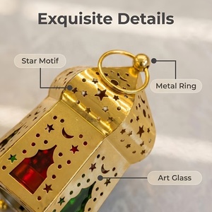 Charming <b>Gold</b> Moroccan <b>Lantern</b> with Color Glass Panels Star Moon Cutwork Candle Holder for Ramadan Home Table Decor - Product Image 6