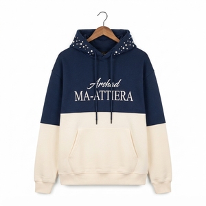 <b>Men</b> Two Tone <b>Navy</b> Cream Hoodie Pullover Streetwear <b>Fleece</b> Sweatshirt Rhinestone Hood Detail Custom OEM ODM Wholesale Fit - Product Image 3