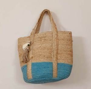 Bohemian Straw Cotton jute Tote Bag With Blue Bottom Two Handles Open <b>Top</b> For Beach Casual Use <b>Women's</b> Durable Handbag - Product Image 6