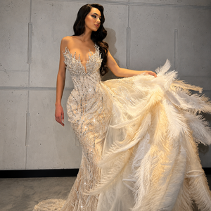 Luxury Blush Pink Feather Mermaid Evening Gown for Women Heavy Hand Embroidered Crystal Work Designer <b>Prom</b> <b>Dress</b> Wedding Gown - Product Image 2