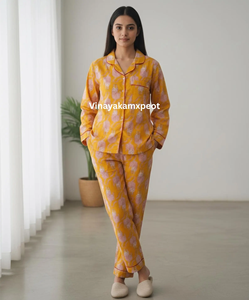 Ensemble de pyjama artisanal Jaipuri en coton tissé jaune moutarde imprimé à la main pour femme, motif léopard, manches longues, tenue de nuit d'été - Product Image 4