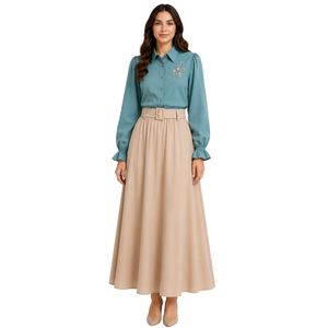 Conjunto de Blusa Bordada y Falda Maxi para Mujer en Verde Mar y Beige, Manga Larga, Cierre de Botones, Cintura Alta, con Cinturón, Estilo Modesto, OEM - Product Image 1