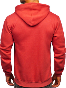 Men's Red Hooded Sweatshirt Regular Fit Solid Color Casual Fleece Hoodie with Front Pocket Knitted Cotton Autumn Wear - Product Image 3