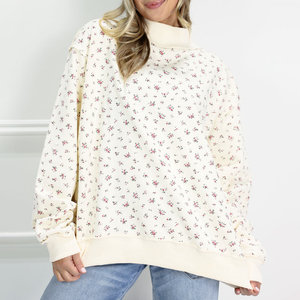 Women Oversized <b>Turtleneck</b> Sweatshirt Floral Print 100% Cotton Knitted Long Sleeve Breathable Autumn Winter Streetwear Mockneck - Product Image 4