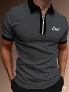 Polo à col zippé noir pour homme, avec bordure blanche contrastante, manches courtes, décontracté, pour le golf, logo personnalisé - Product Image 4