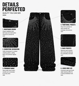 Jean en denim taille haute à jambe large, orné de paillettes, coupe ample, style streetwear, pantalon en coton noir, idéal pour l'automne - Product Image 2