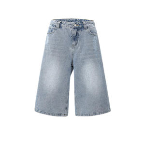 Shorts de Mezclilla Premium, Estilo Urbano, Corte Holgado, Lavado Vintage, Desgastado, Tallas Grandes, para Hombre - Product Image 2