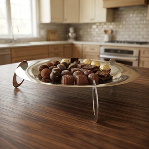 Bandeja de metal cromado para chocolate elevada con elegantes patas geométricas en forma de aro, ideal para exhibir trufas de chocolate gourmet para un servicio de lujo. - Product Image 3