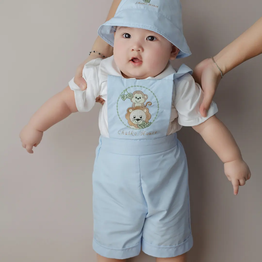 Karikatür nakış butik pamuk erkek bebek beyaz tişört kısa kollu mavi tulum seti çocuk yürümeye başlayan yaz rahat 3 parça