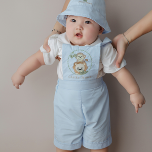 Conjunto de ropa de algodón boutique para niños, camiseta blanca, mono informal de manga corta azul con bordado de animales para verano/invierno - Product Image 1