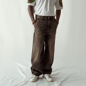 Pantalones Vaqueros Clásicos para Hombre al por Mayor, Ajuste Holgado, Talla Grande, Pantalones de Mezclilla Marrón, Tela Personalizada, Estilo Urbano - Product Image 3