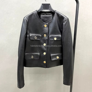 Veste pour femme à col rond en cuir de mouton véritable respirante avec décorations de broderie à rayures perlées - Product Image 4