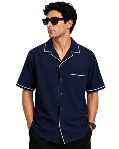 Chemise Homme Personnalisée Bleu Marine à Col Cubain avec Passepoil Blanc, Manches Courtes Décontractées, Style Oversize Streetwear Tendance pour l'Été - Product Image 1