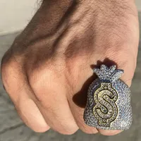 Bague Statement avec Symbole Dollar, Moissanite Audacieuse, Bijoux Hip Hop Classiques pour Femme, Motif Sac d'Argent, Plaqué Or Jaune, Sans Nickel, Solide