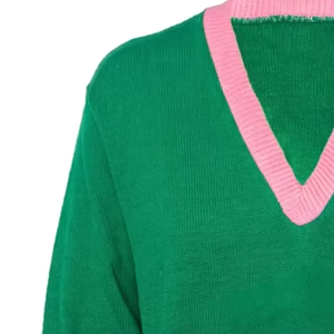 Suéter Verde con Cuello en V y Ribete Rosa y Rayas en las Mangas, Suéter de Punto para Mujer, Manga Larga, Estilo Casual Preppy - Product Image 4